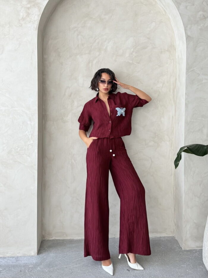 Butterfly Detailed Pleated Shirt - Burgundy - Producer: Topshow - Wholesale Women Clothes - TheBS Women