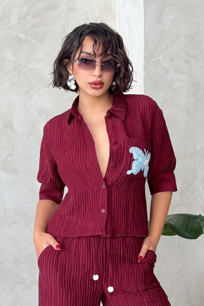 Butterfly Detailed Pleated Shirt - Burgundy - Producer: Topshow - Wholesale Women Clothes - TheBS Women
