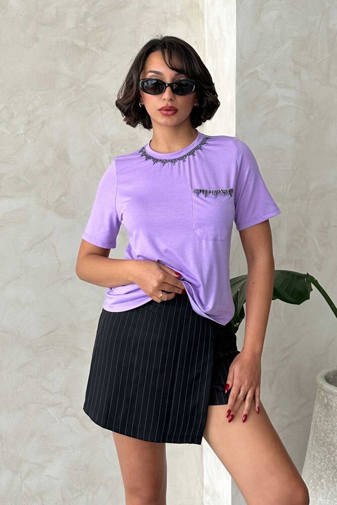 Stone Chain Detailed Wholesale T-Shirt - Producer: Topshow - Wholesale Women Clothes - TheBS Women