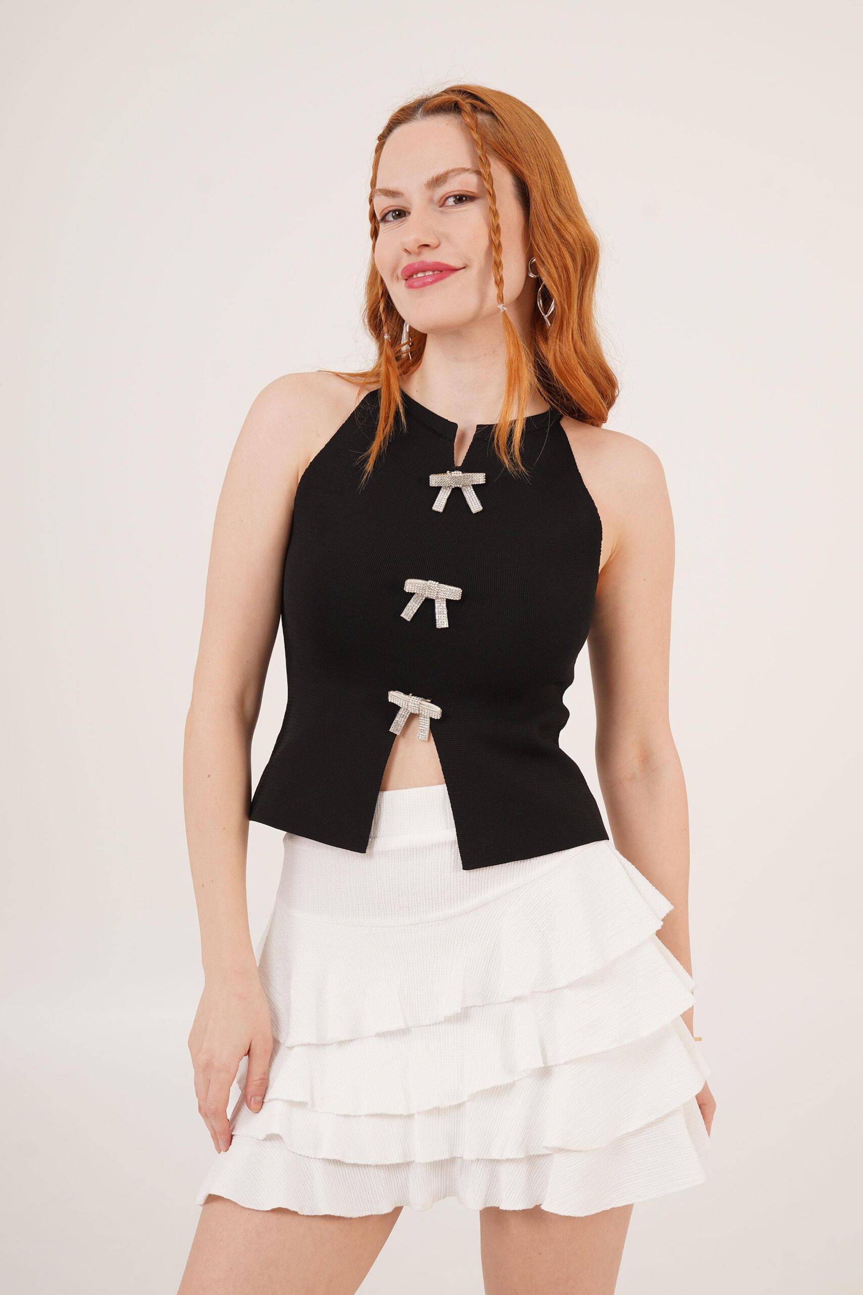 Stone Bow Brooch Detailed Zero Sleeve WholesaleBlouse - Brand: Lustrin - Women & Kids, Baby Clothes Wholesale - TheBS Women