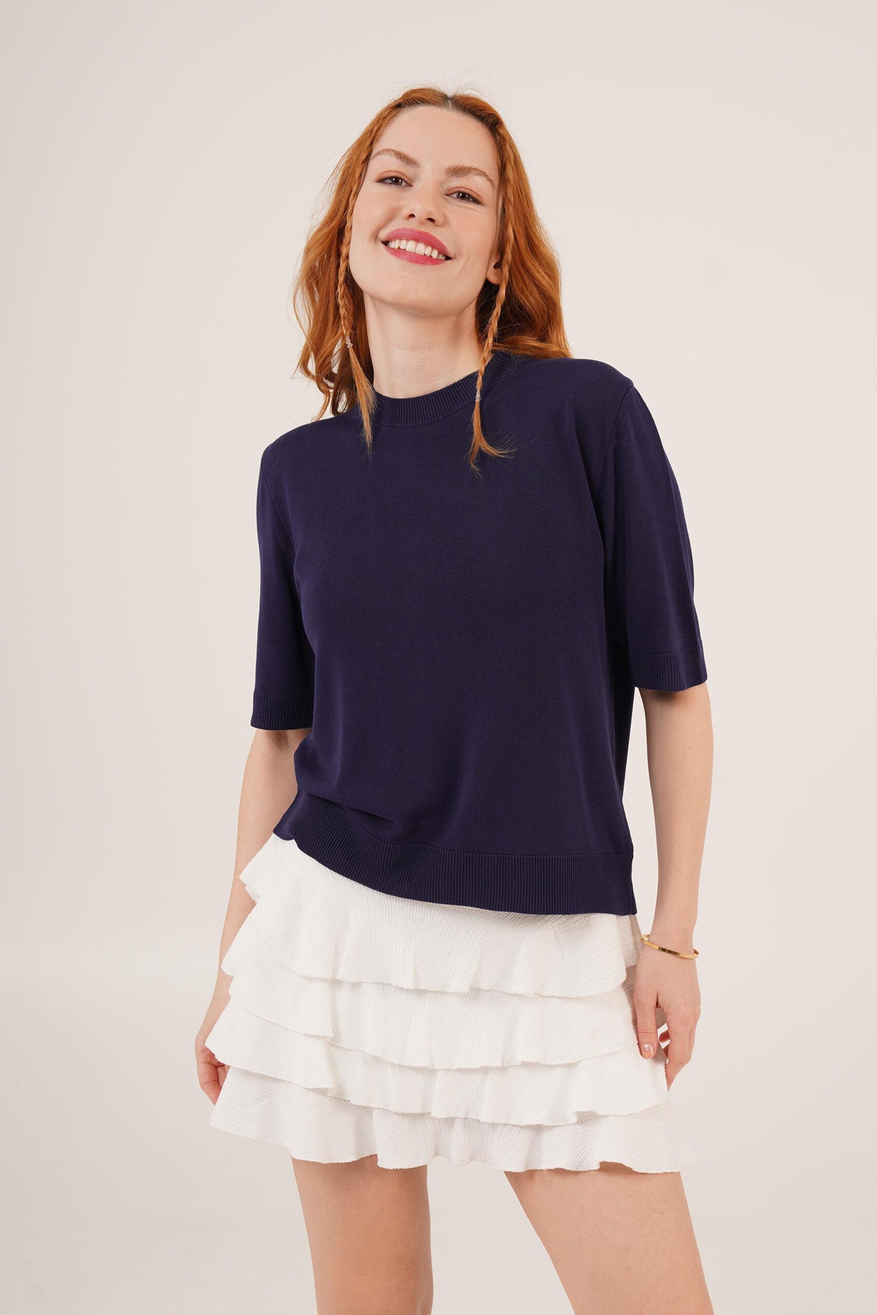 Half Sleeve Round Neck Lycra Wholesale Slim Navy Sweater Blouse - Brand: Lustrin - Women & Kids, Baby Clothes Wholesale - TheBS Women