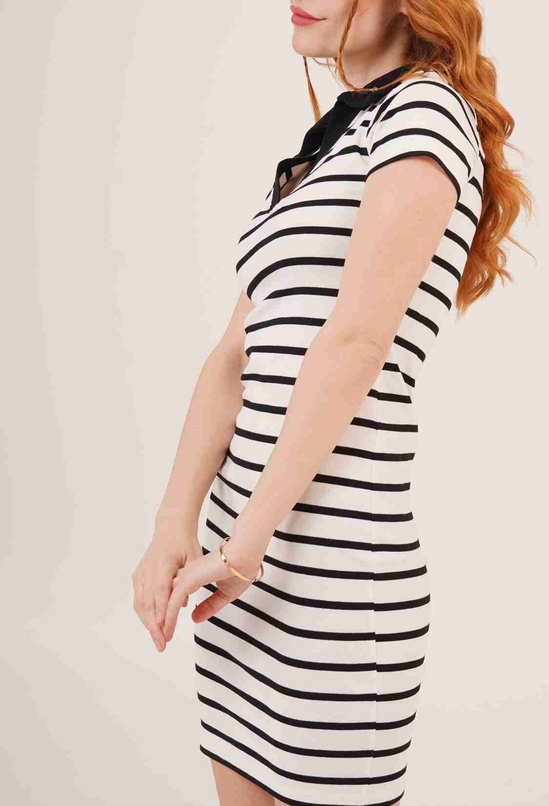 Polo Neck StripedWholesale Short Sleeve Dress - Brand: Lustrin - Women & Kids, Baby Clothes Wholesale - TheBS Women