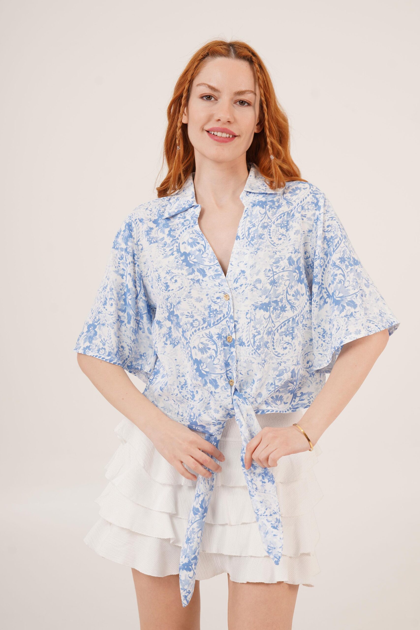 Blue Wholesale Shirt With Front Tie Pattern - Brand: Lustrin - Women & Kids, Baby Clothes Wholesale - TheBS Women