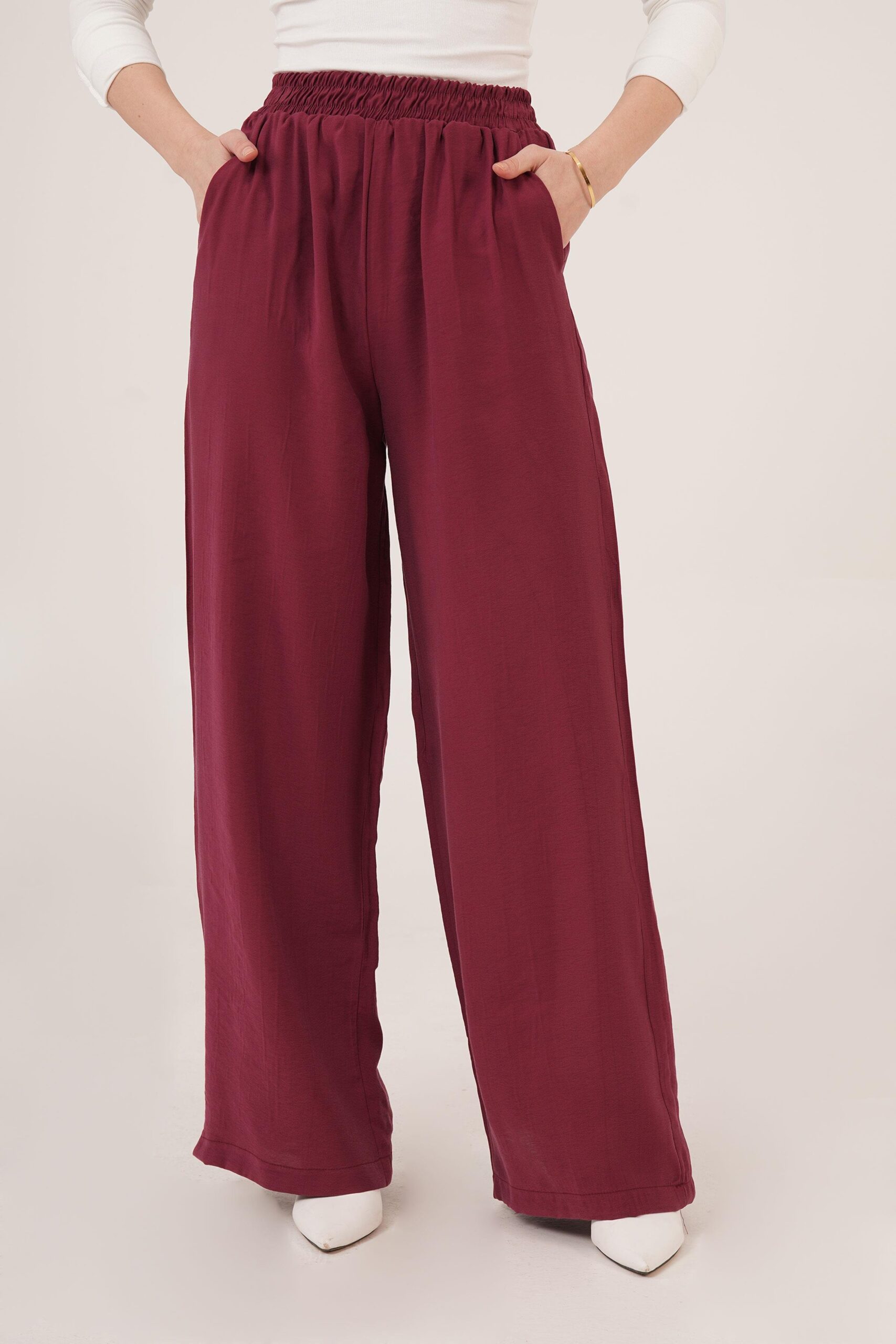 Elastic Waist Double Pockets Burgundy Wholesale Pants - Brand: Lustrin - Women & Kids, Baby Clothes Wholesale - TheBS Women
