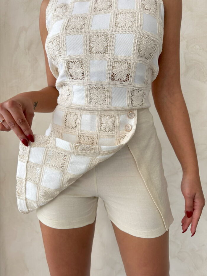 Lace Detailed Square Pattern Shorts Skirt - Stone - Producer: Topshow - Wholesale Women Clothes - TheBS Women