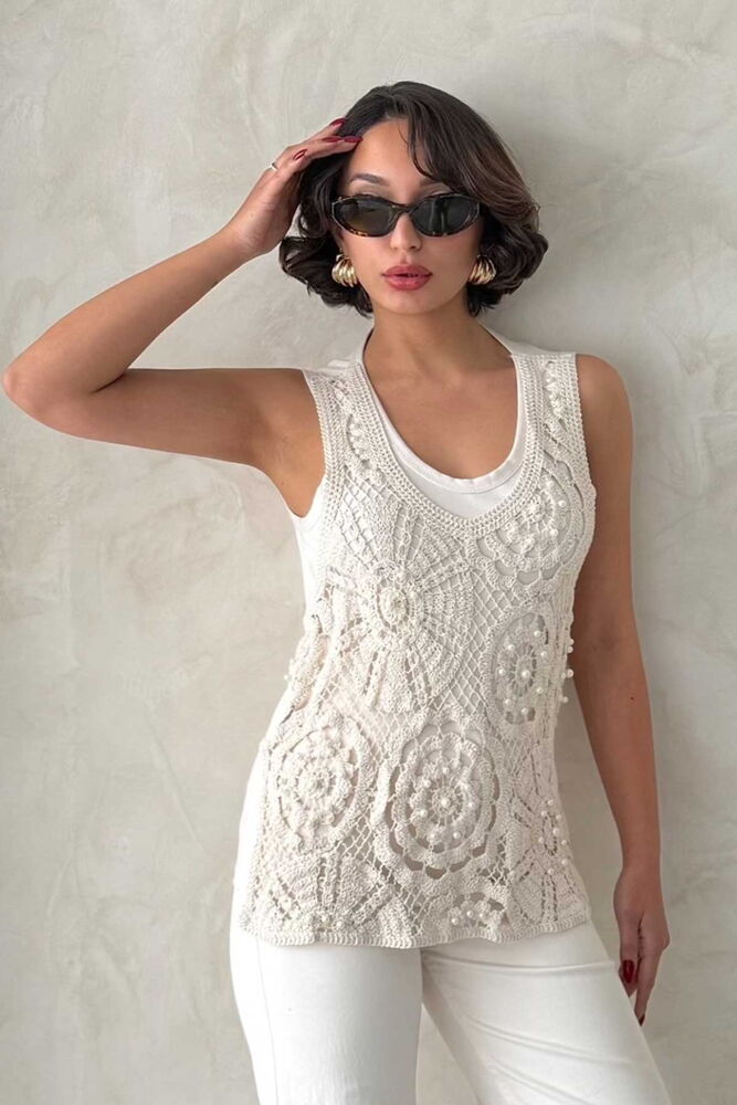 Pearl Lace Detailed Raw T-Shirt - Stone - Producer: Topshow - Wholesale Women Clothes - TheBS Women