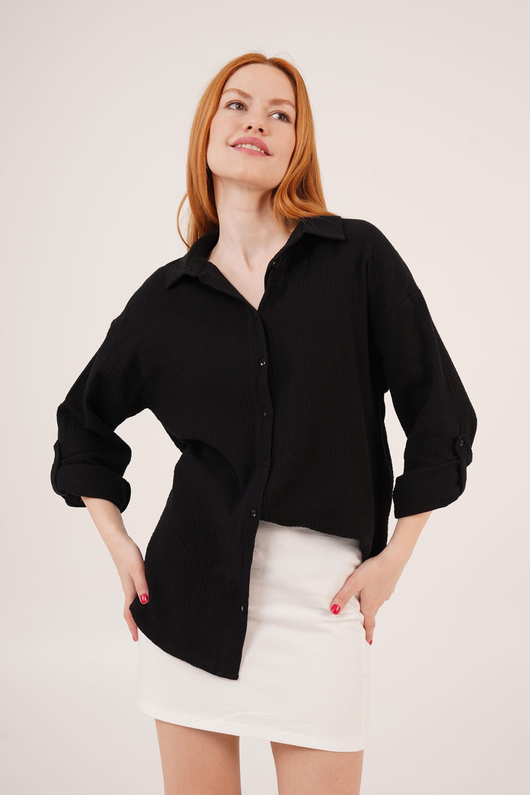 Linen Look Slippery Fold Sleeve WholesaleShirt - Brand: Lustrin - Women & Kids, Baby Clothes Wholesale - TheBS Women