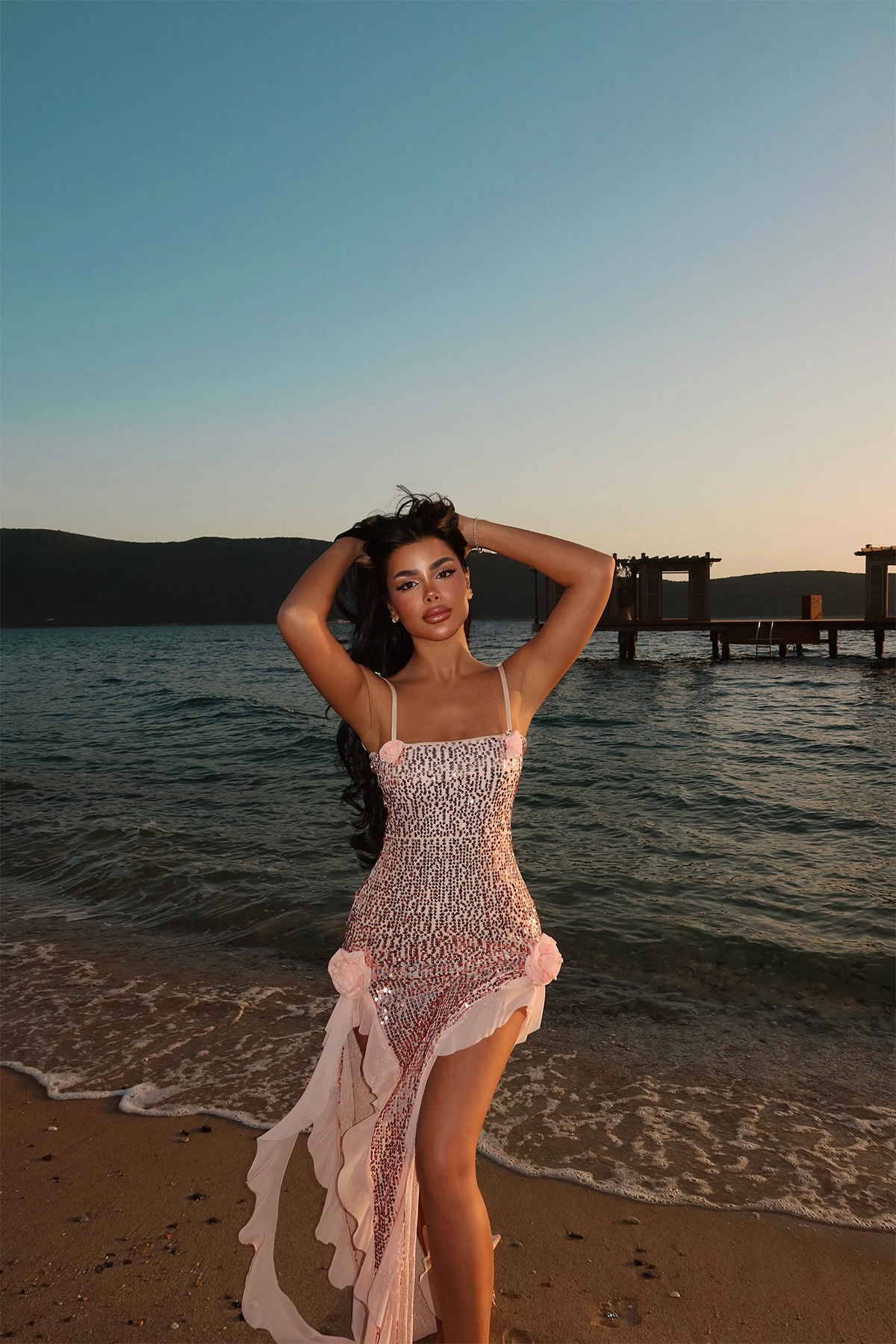 Paxton Sequined Long Slit Dress - Pink - Producer: EYYO ATELIER - Wholesale Women Clothes - TheBS Women