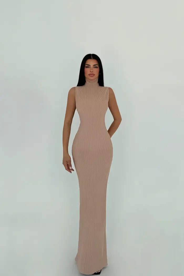 Beige Turtleneck Basic Dress - Producer: EYYO ATELIER - Wholesale Women Clothes - TheBS Women