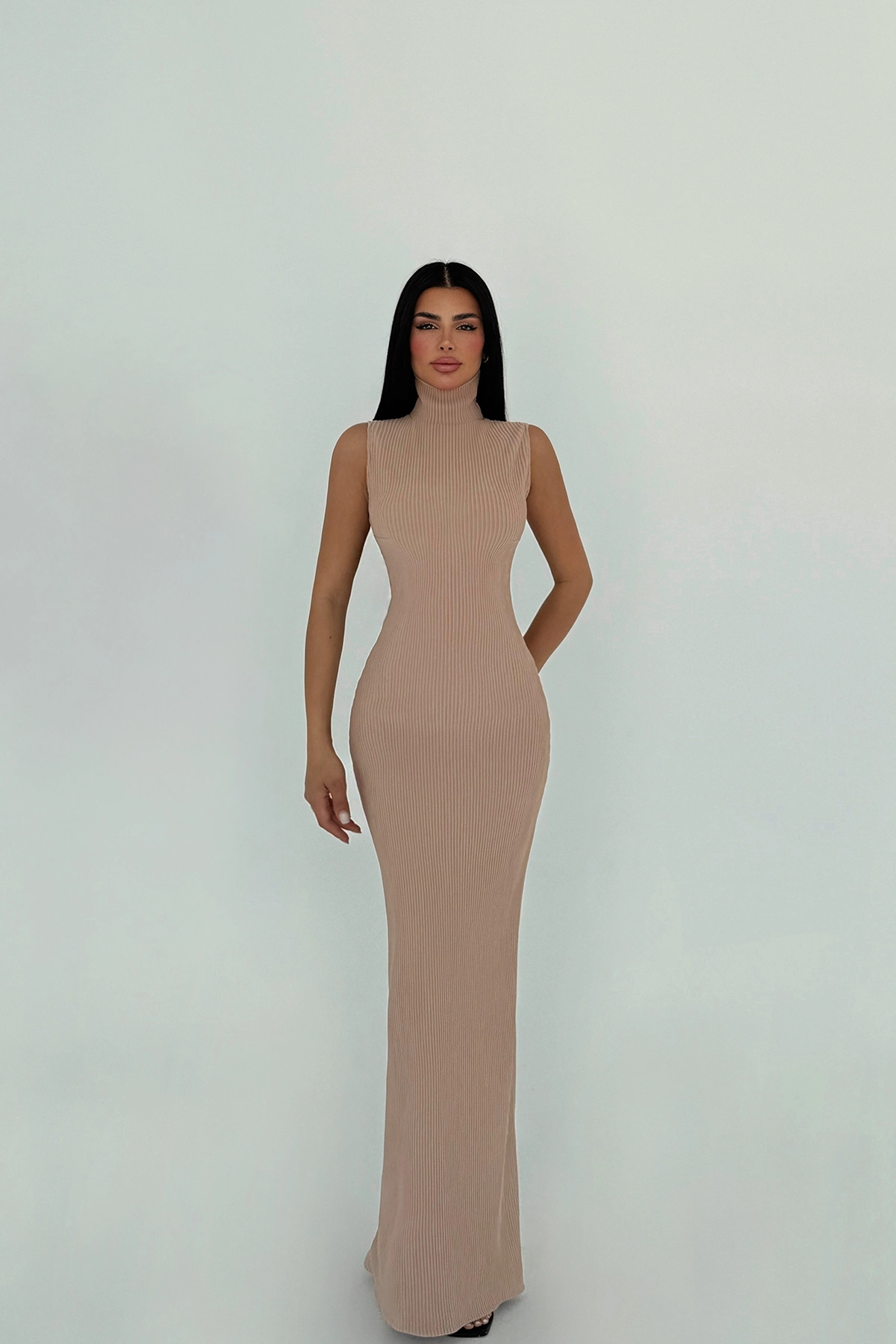 Beige Turtleneck Basic Dress - Producer: EYYO ATELIER - Wholesale Women Clothes - TheBS Women