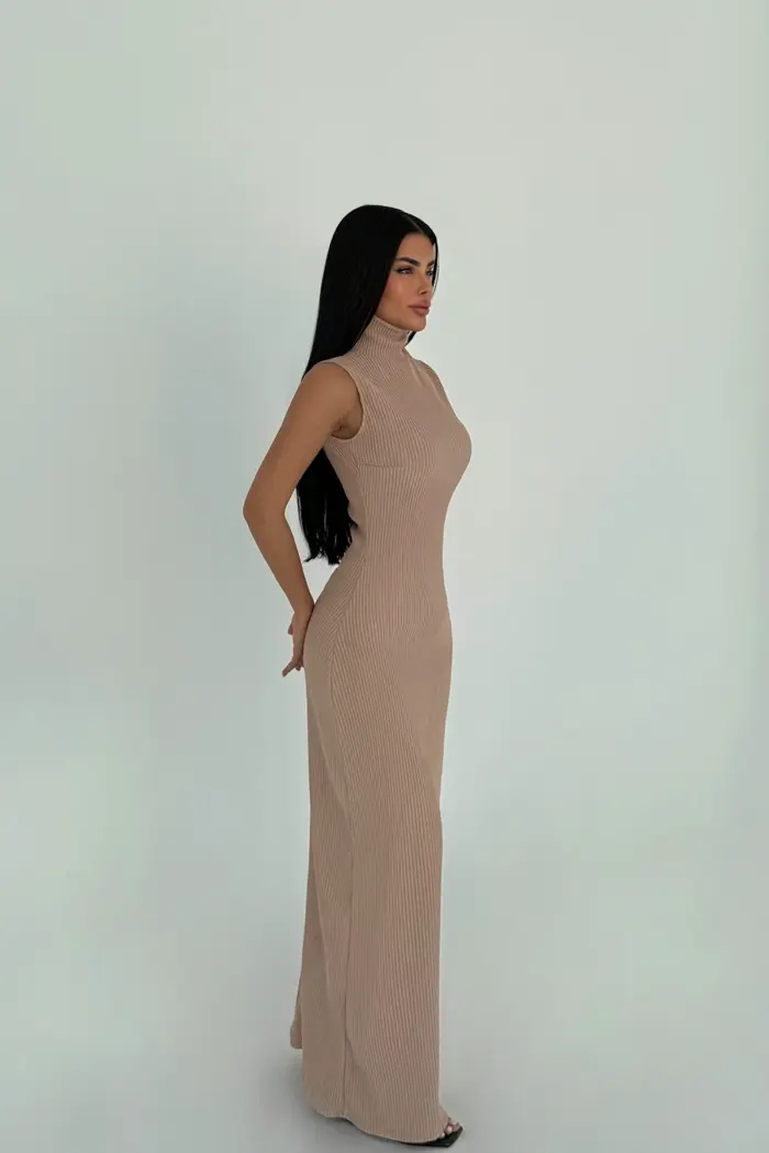 Beige Turtleneck Basic Dress - Producer: EYYO ATELIER - Wholesale Women Clothes - TheBS Women