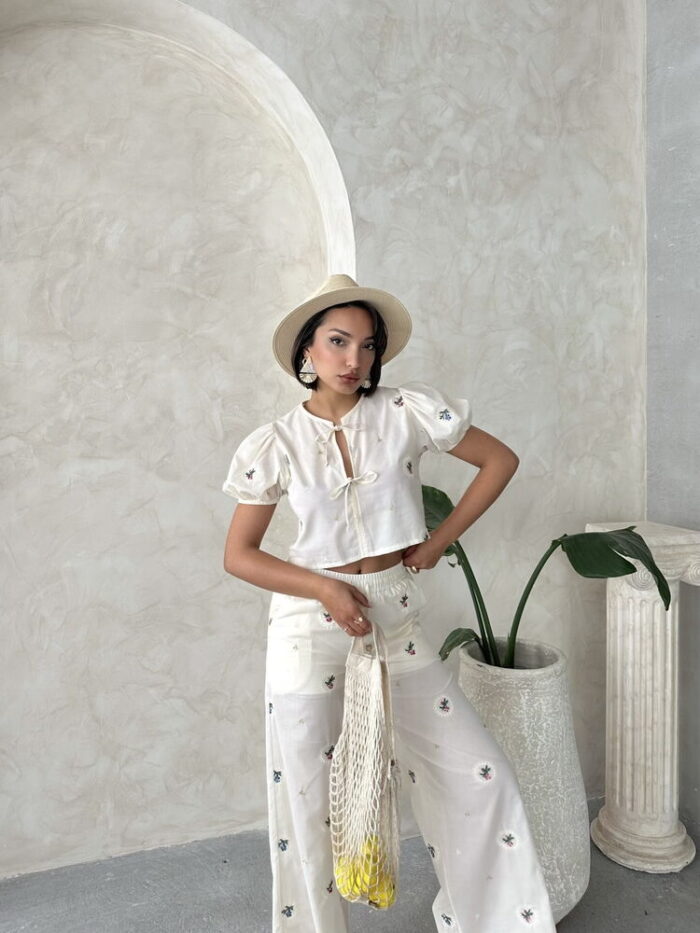 Front Tie Embroidered Blouse - Stone - Producer: Topshow - Wholesale Women Clothes - TheBS Women