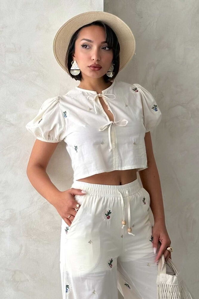 Front Tie Embroidered Blouse - Stone - Producer: Topshow - Wholesale Women Clothes - TheBS Women