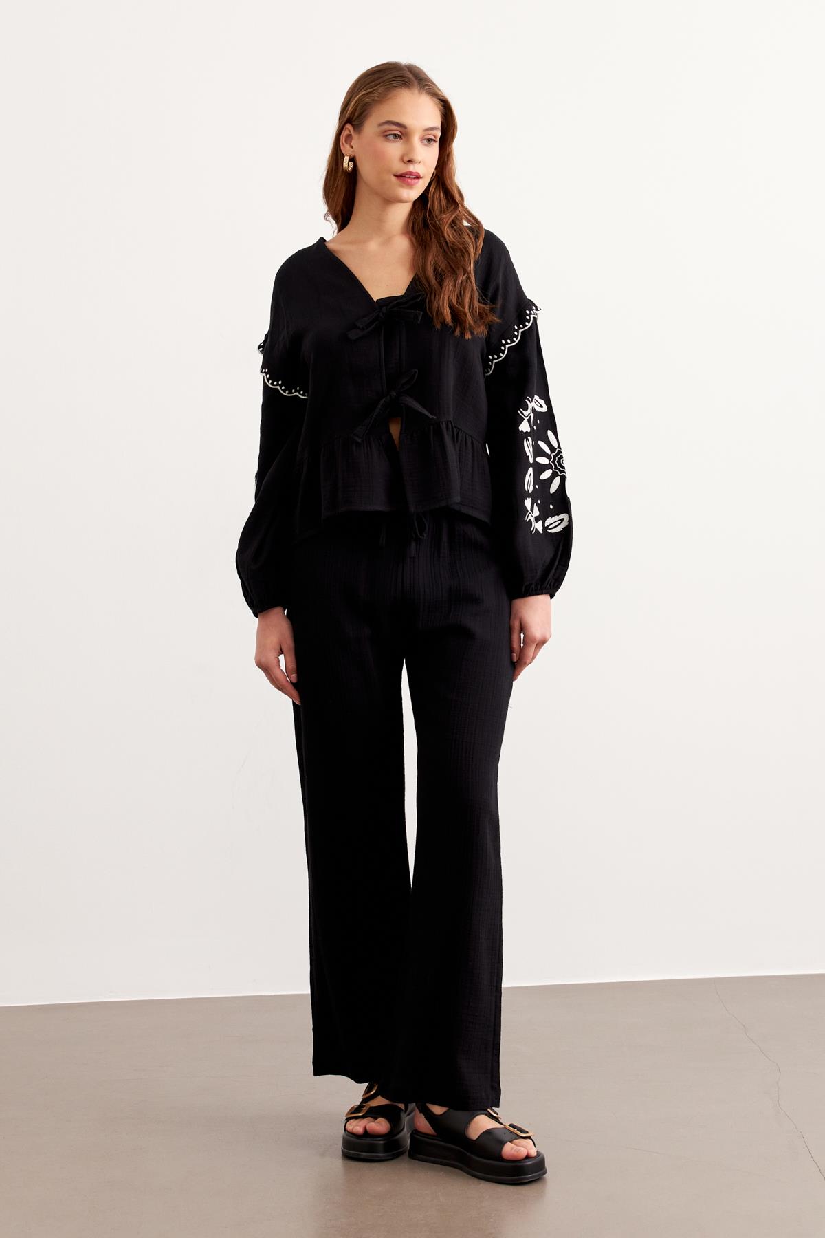 Embroidery Detailed Front Tie Muesli Blouse Black – Brand: Levure – Women & Kids, Baby Clothes Wholesale – TheBS Women