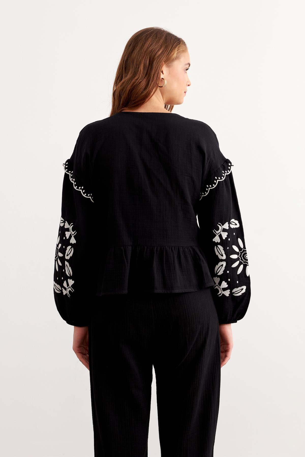 Embroidery Detailed Front Tie Muesli Blouse Black – Brand: Levure – Women & Kids, Baby Clothes Wholesale – TheBS Women