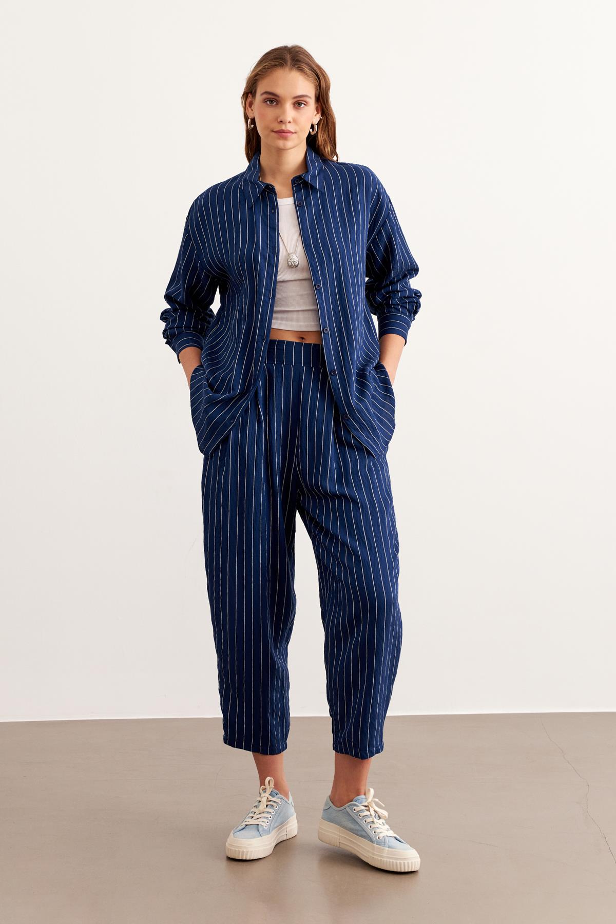 Elastic Waist Striped Long Pants Navy - Brand: Levure - Women & Kids, Baby Clothes Wholesale - TheBS Women