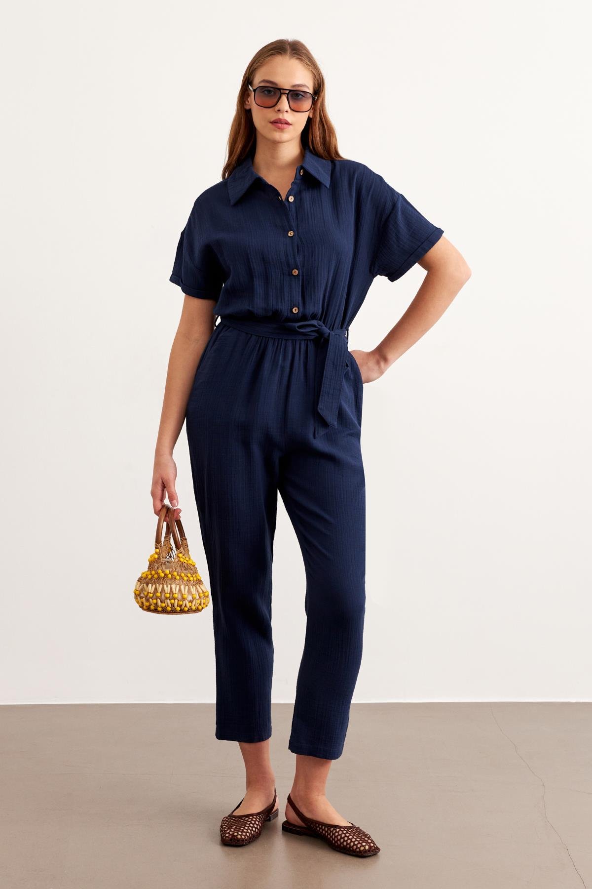 Waist Belt Button Detailed Long Jumpsuit Navy – Brand: Levure – Women & Kids, Baby Clothes Wholesale – TheBS Women