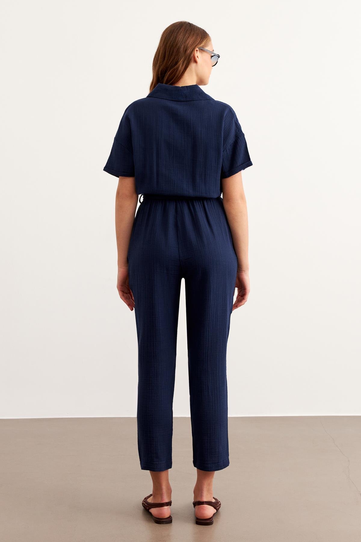 Waist Belt Button Detailed Long Jumpsuit Navy – Brand: Levure – Women & Kids, Baby Clothes Wholesale – TheBS Women