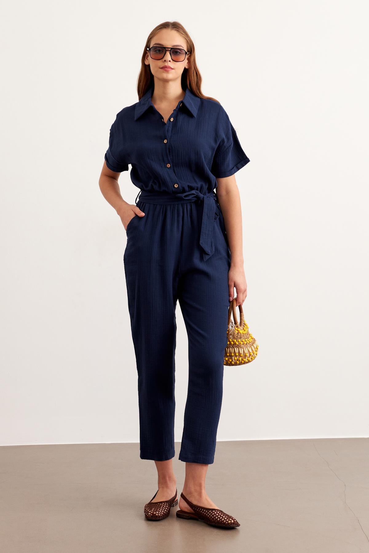 Waist Belt Button Detailed Long Jumpsuit Navy – Brand: Levure – Women & Kids, Baby Clothes Wholesale – TheBS Women