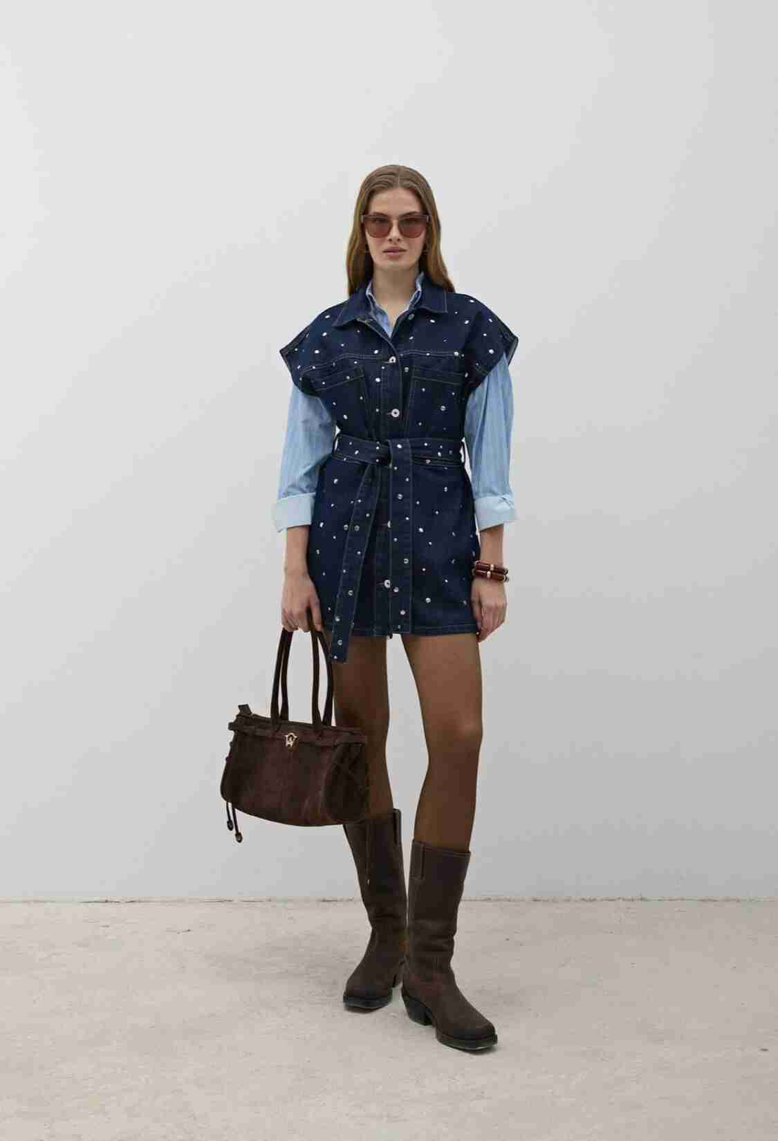 Waist Belt Front Buttoned Denim Vest Rins Wash - Navy - Brand: Levure - Women & Kids, Baby Clothes Wholesale - TheBS Women