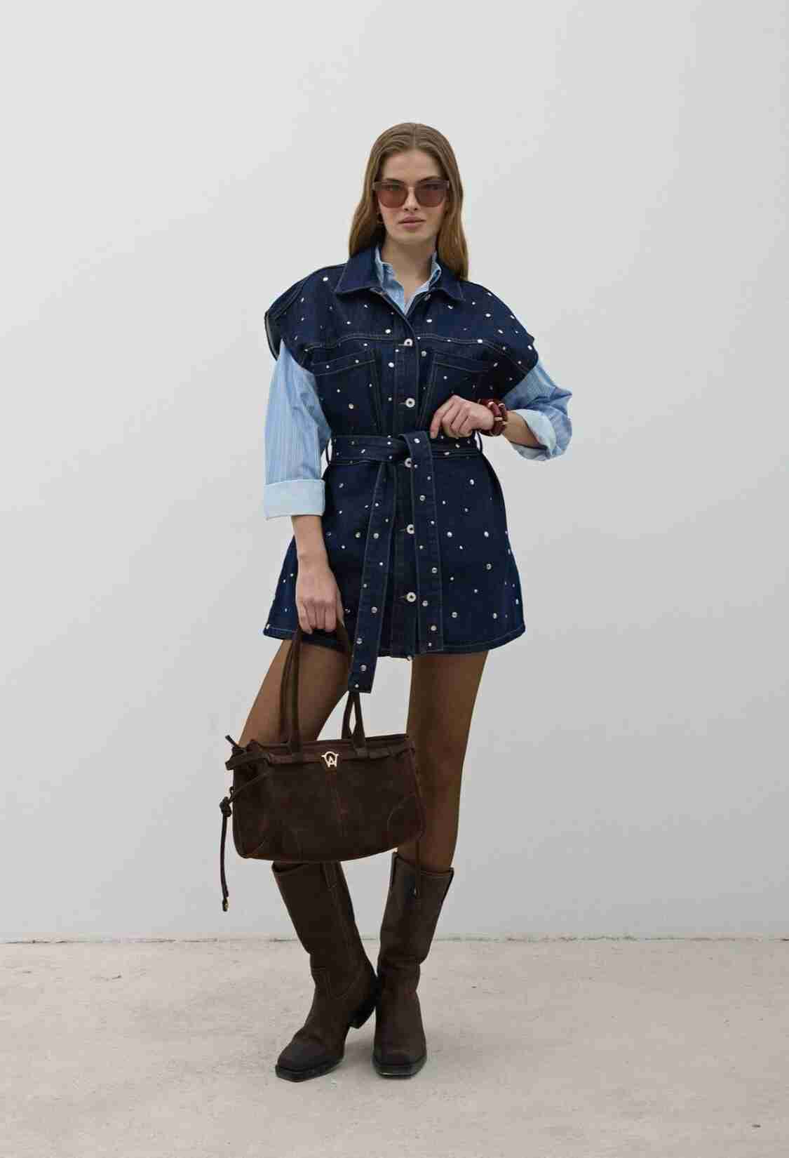 Waist Belt Front Buttoned Denim Vest Rins Wash - Navy - Brand: Levure - Women & Kids, Baby Clothes Wholesale - TheBS Women