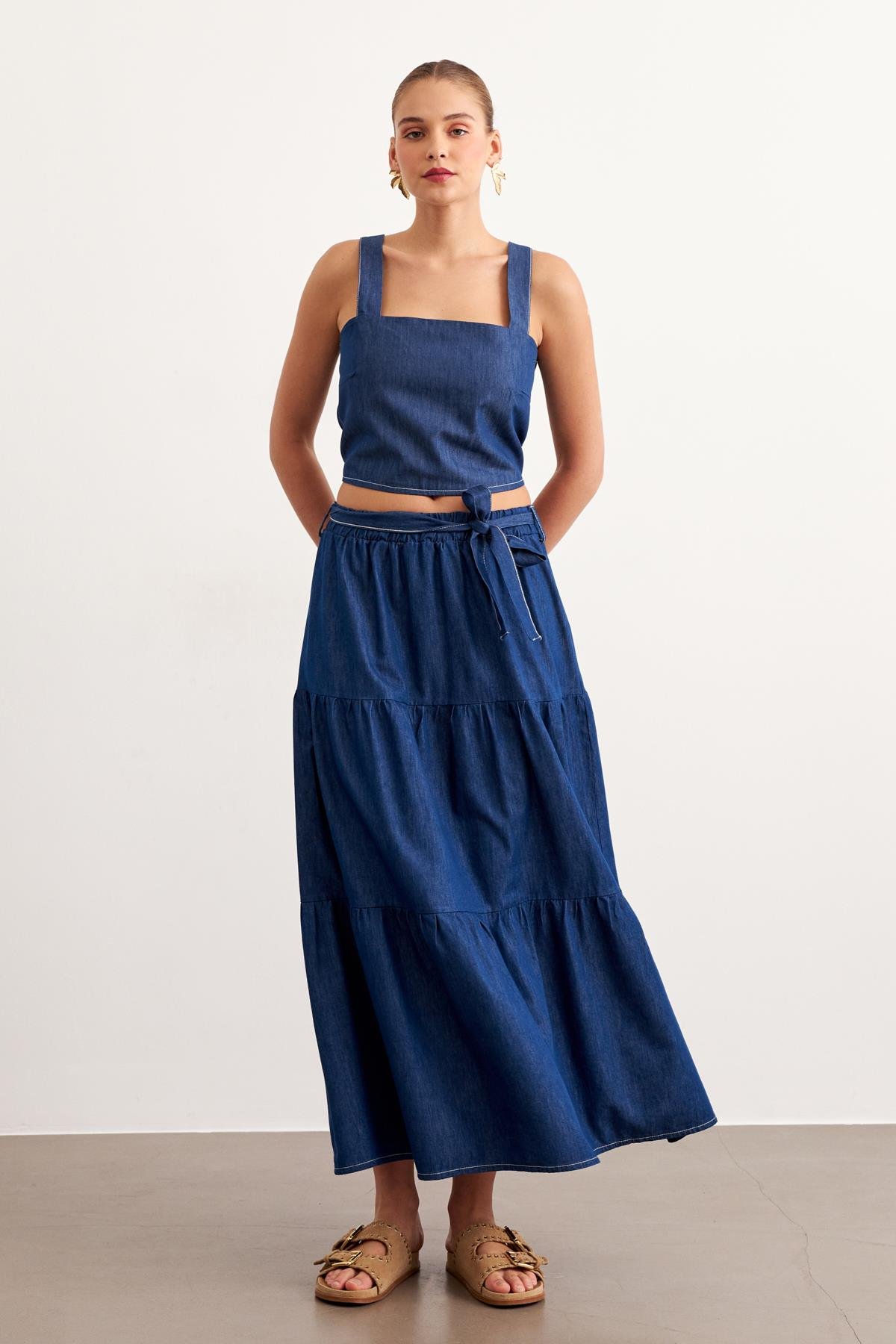 Belted Long Denim Skirt Rins Wash - Blue - Brand: Levure - Women & Kids, Baby Clothes Wholesale - TheBS Women