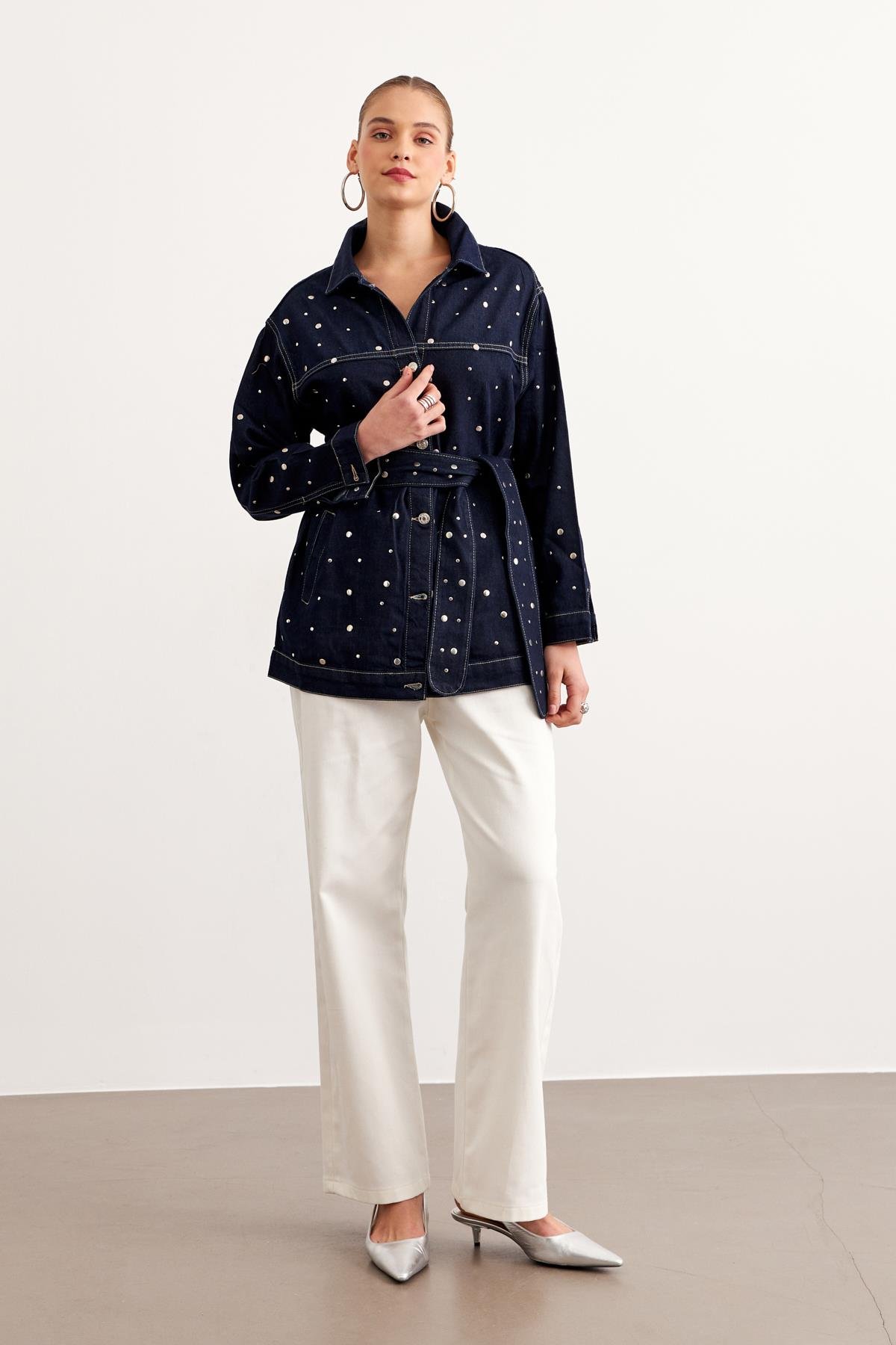 Waist Belt Detailed Drop Pleated Denim Jacket Rins Wash - Navy - Brand: Levure - Women & Kids, Baby Clothes Wholesale - TheBS Women