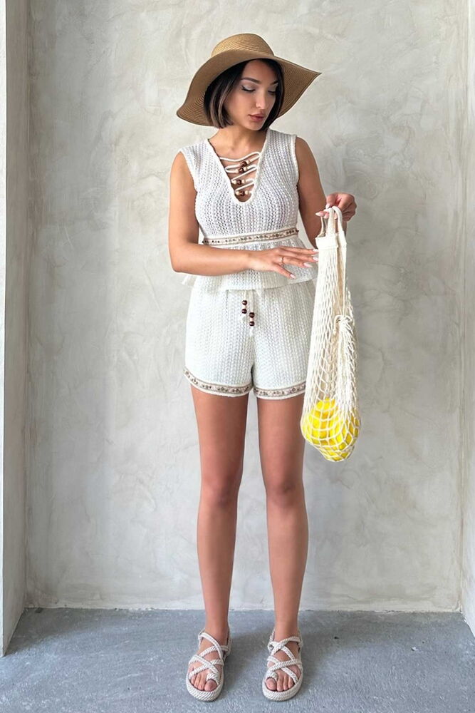 Stripe Detailed Lace Shorts - Raw - Producer: Topshow - Wholesale Women Clothes - TheBS Women