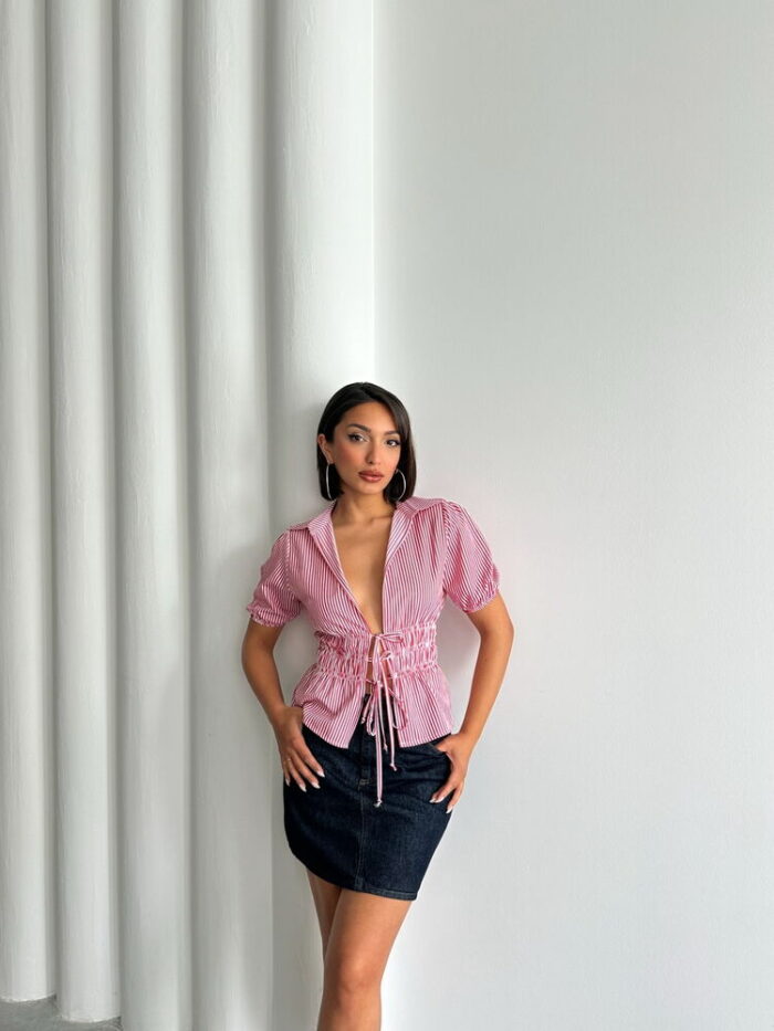 D2812 Front Tie Striped Shirt - Burgundy - Producer: Topshow - Wholesale Women Clothes - TheBS Women