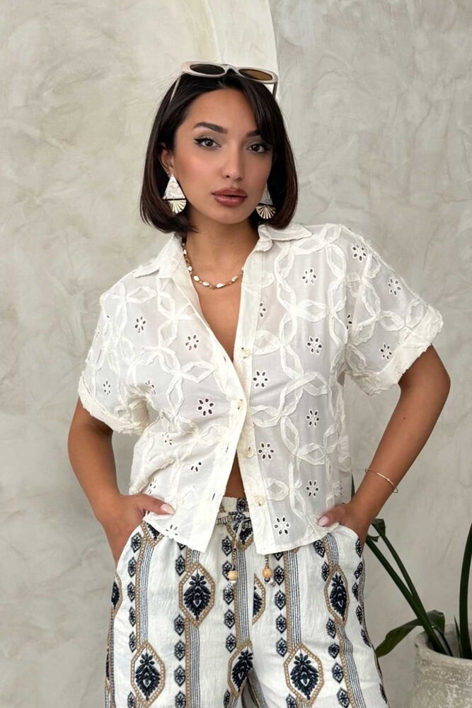 Embroidered Satin Shirt - Cream - Producer: Topshow - Wholesale Women Clothes - TheBS Women