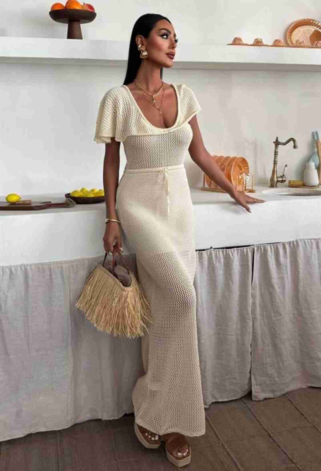 Knitwear Dress With Deep Neckline And Mesh Detail - Brand: Sobe Istanbul - Women & Kids, Baby Clothes Wholesale - TheBS Women