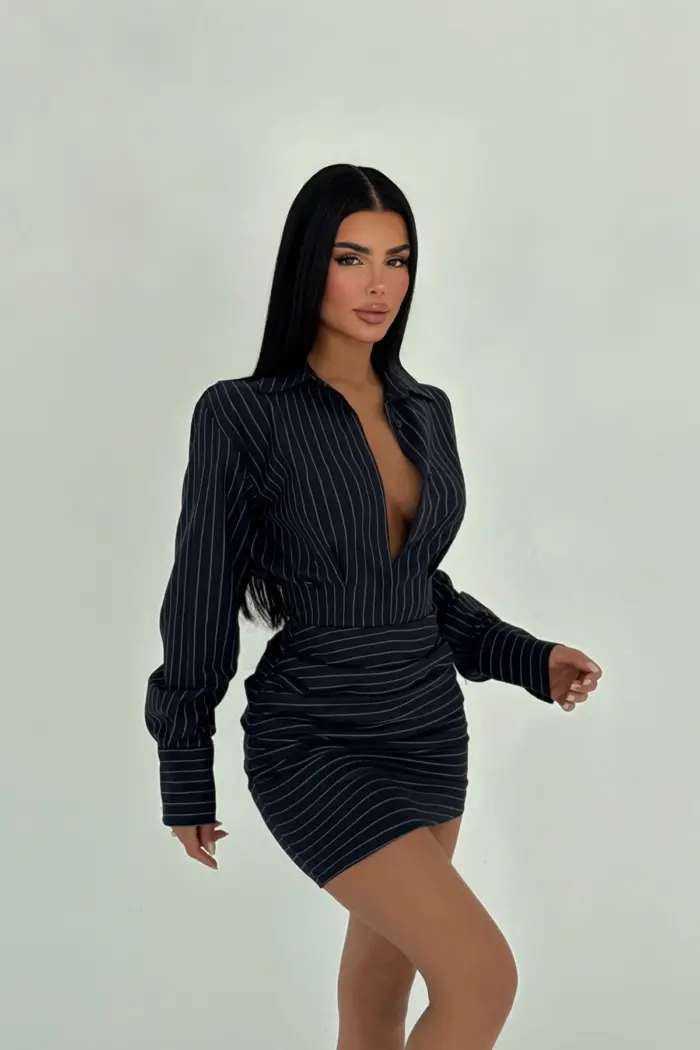 Striped Shirt Collar Mini Dress - Producer: EYYO ATELIER - Wholesale Women Clothes - TheBS Women