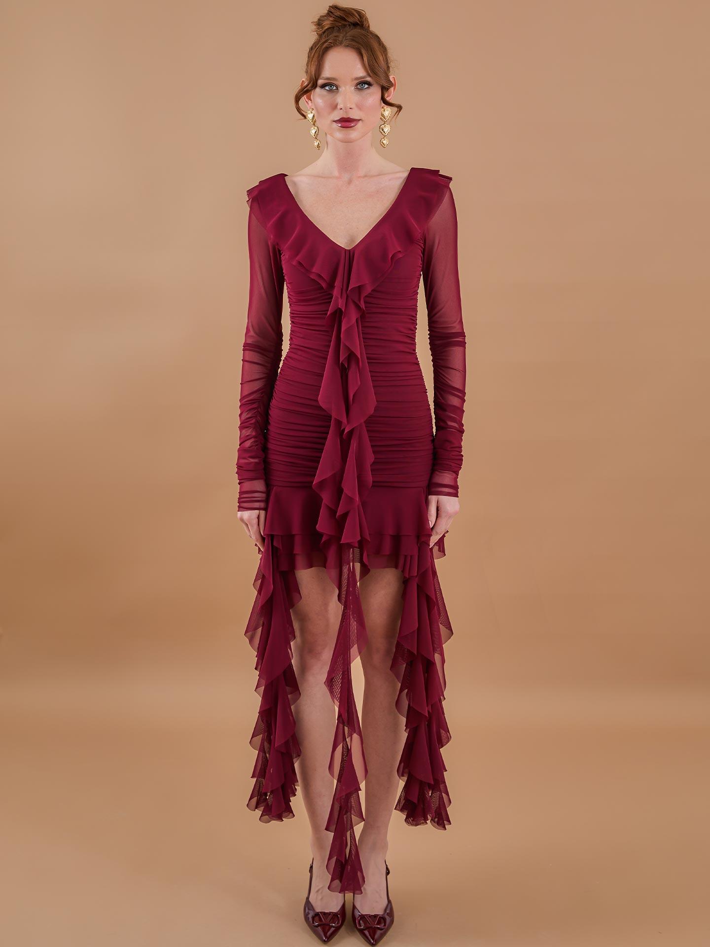 Ruffle Ruffle Mini Tulle Dress Burgundy - Producer: Juste - Wholesale Women Clothes - TheBS Women