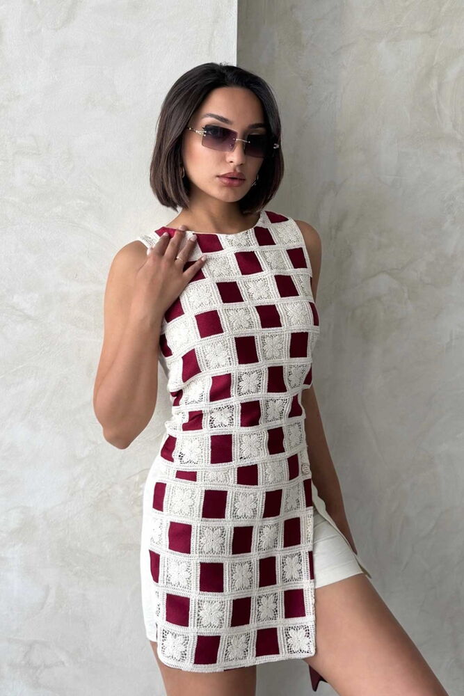 Sleeveless Checkered Checkered Blouse - Raw Burgundy - Producer: Topshow - Wholesale Women Clothes - TheBS Women