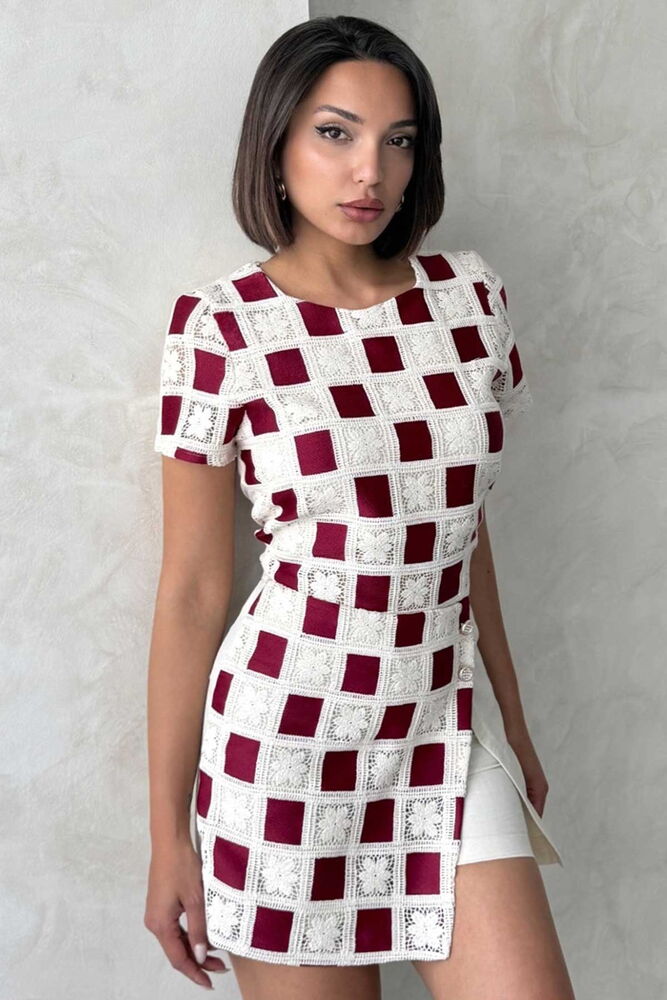 Short Sleeve Checkered Blouse - Raw Burgundy - Producer: Topshow - Wholesale Women Clothes - TheBS Women