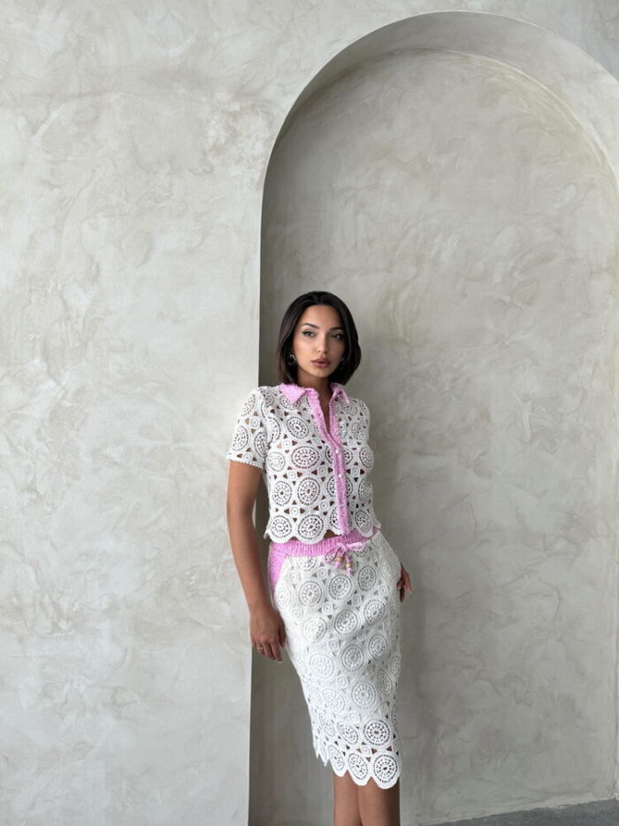 D 2796 Denim Detailed Lace Long Skirt - Raw Pink - Producer: Topshow - Wholesale Women Clothes - TheBS Women