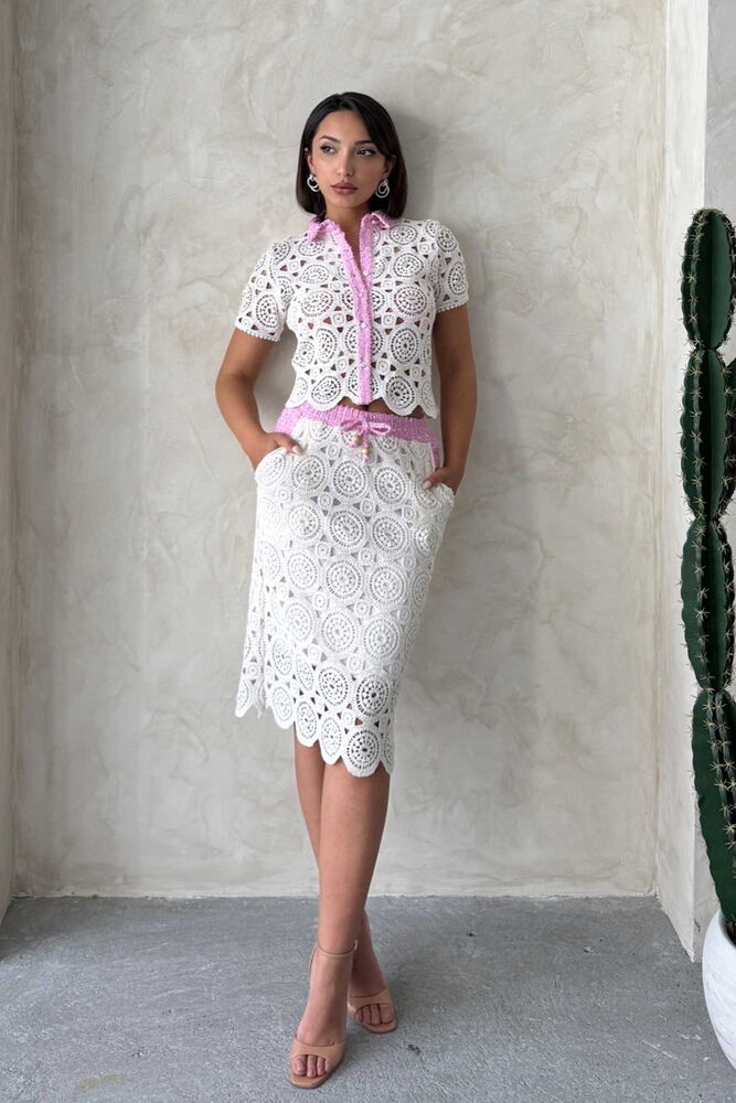D 2796 Denim Detailed Lace Long Skirt - Raw Pink - Producer: Topshow - Wholesale Women Clothes - TheBS Women