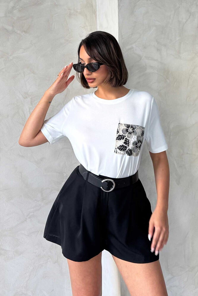 Pocket Detailed T-Shirt - Cream - Producer: Topshow - Wholesale Women Clothes - TheBS Women