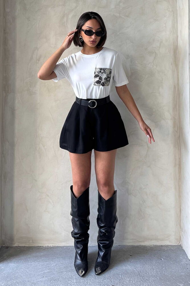 Pocket Detailed T-Shirt - Cream - Producer: Topshow - Wholesale Women Clothes - TheBS Women