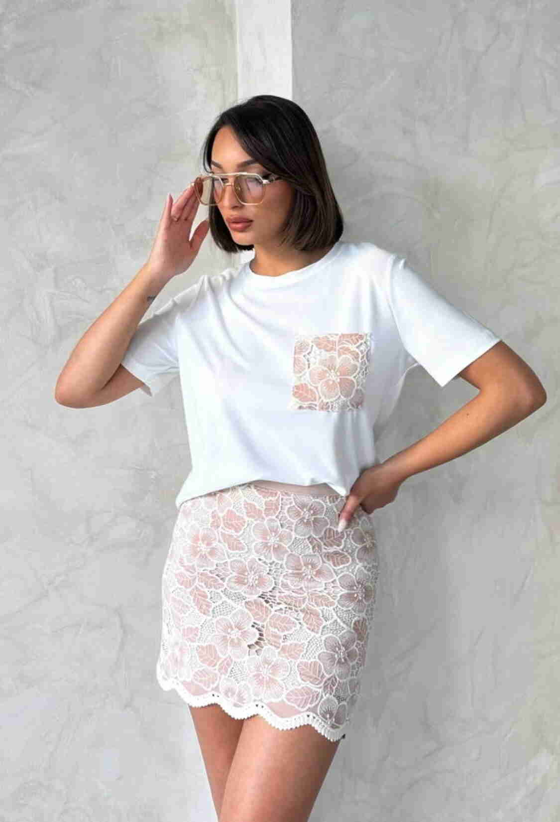 Pocket Detailed T-Shirt -Powder - Brand: Topshow - Women & Kids, Baby Clothes Wholesale - TheBS Women