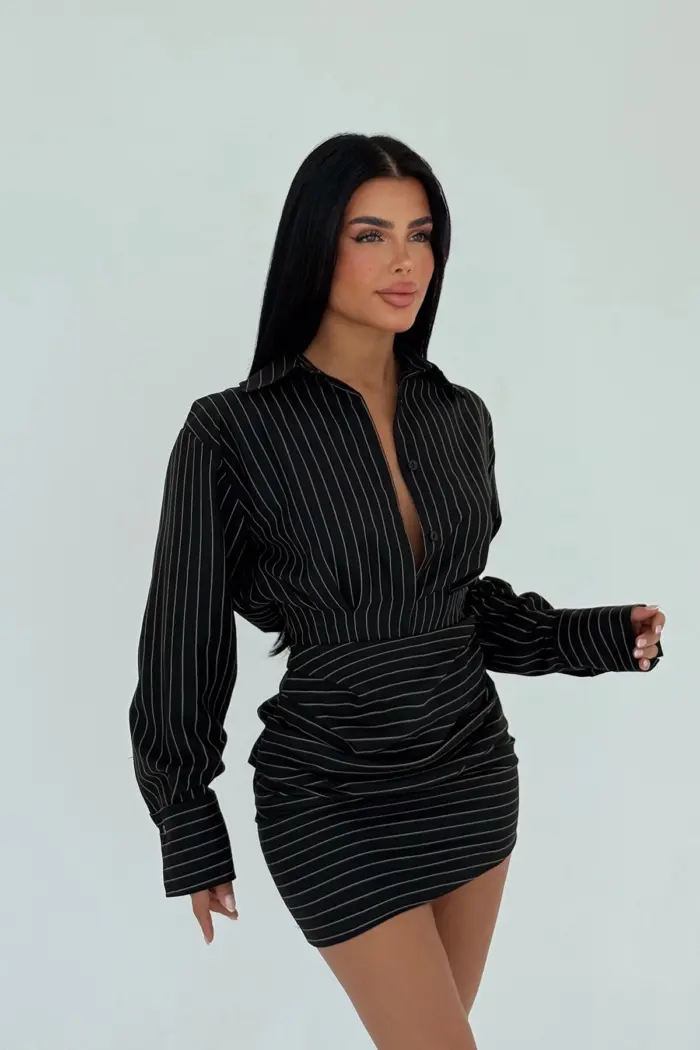 Striped Shirt Collar Mini Dress - Producer: EYYO ATELIER - Wholesale Women Clothes - TheBS Women