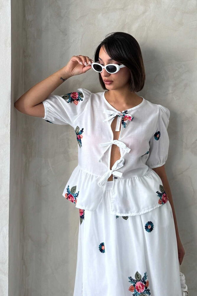Embroidered Voile Front Tie Blouse - Cream - Producer: Topshow - Wholesale Women Clothes - TheBS Women