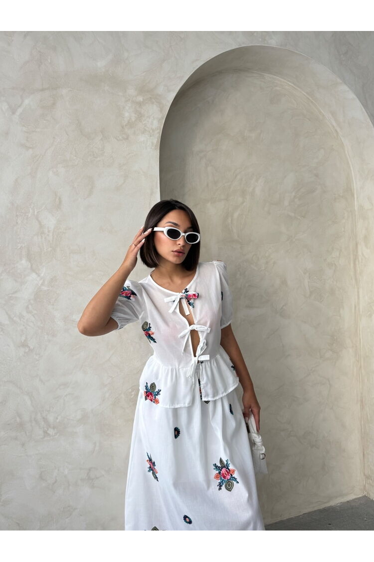 Embroidered Voile Front Tie Blouse - Cream - Producer: Topshow - Wholesale Women Clothes - TheBS Women