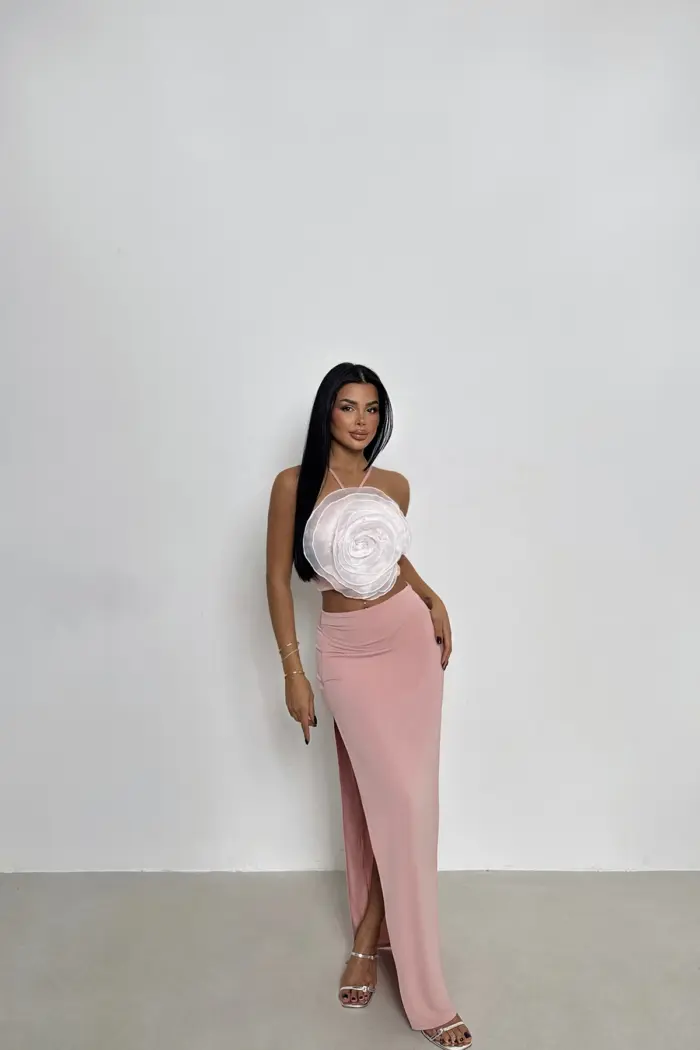 Rose Detail Skirt Suit - Powder - Producer: EYYO ATELIER - Wholesale Women Clothes - TheBS Women