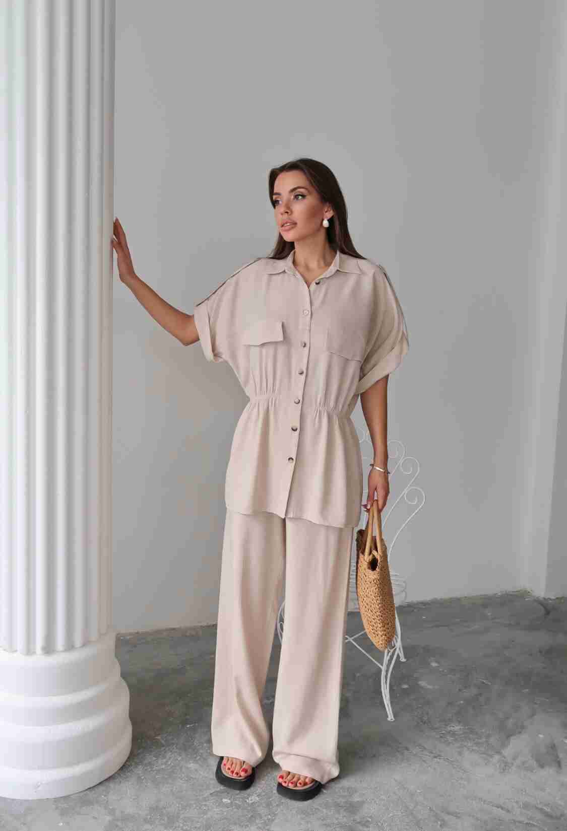 Linen Waist Ruffle Detailed Shirt - Pants Set - Brand: Ello - Women & Kids, Baby Clothes Wholesale - TheBS Women