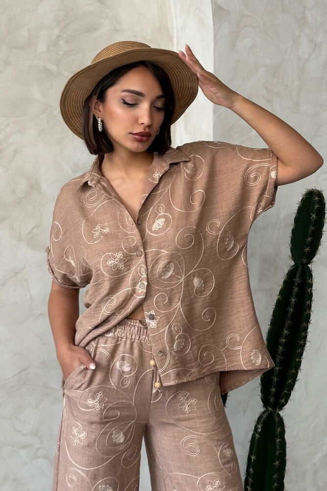 Embroidered Shirt - Light Brown Dsn2 - Producer: Topshow - Wholesale Women Clothes - TheBS Women