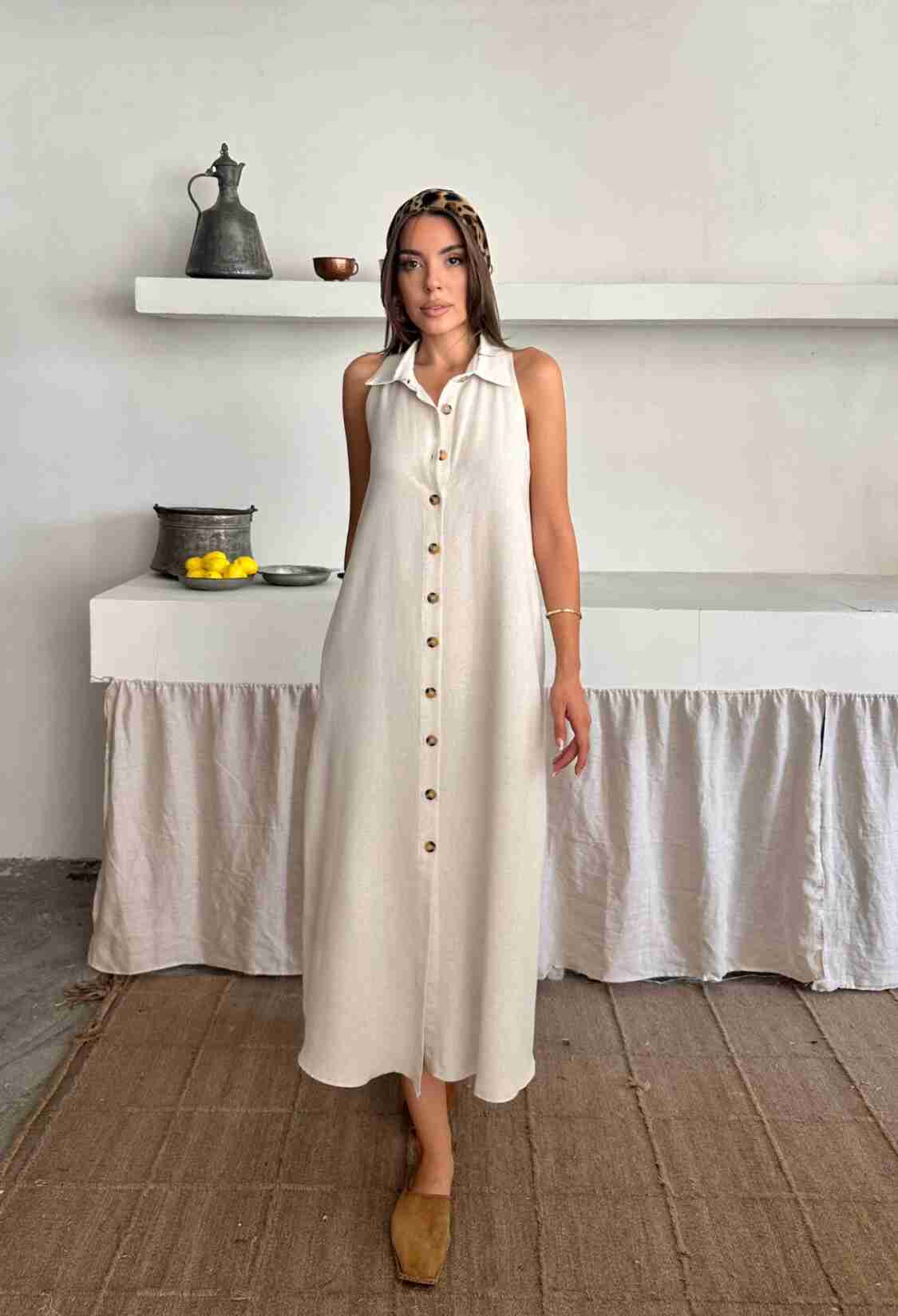 Beige Sleeveless Polo Neck Shirt Dress Midi - Brand: Ello - Women & Kids, Baby Clothes Wholesale - TheBS Women