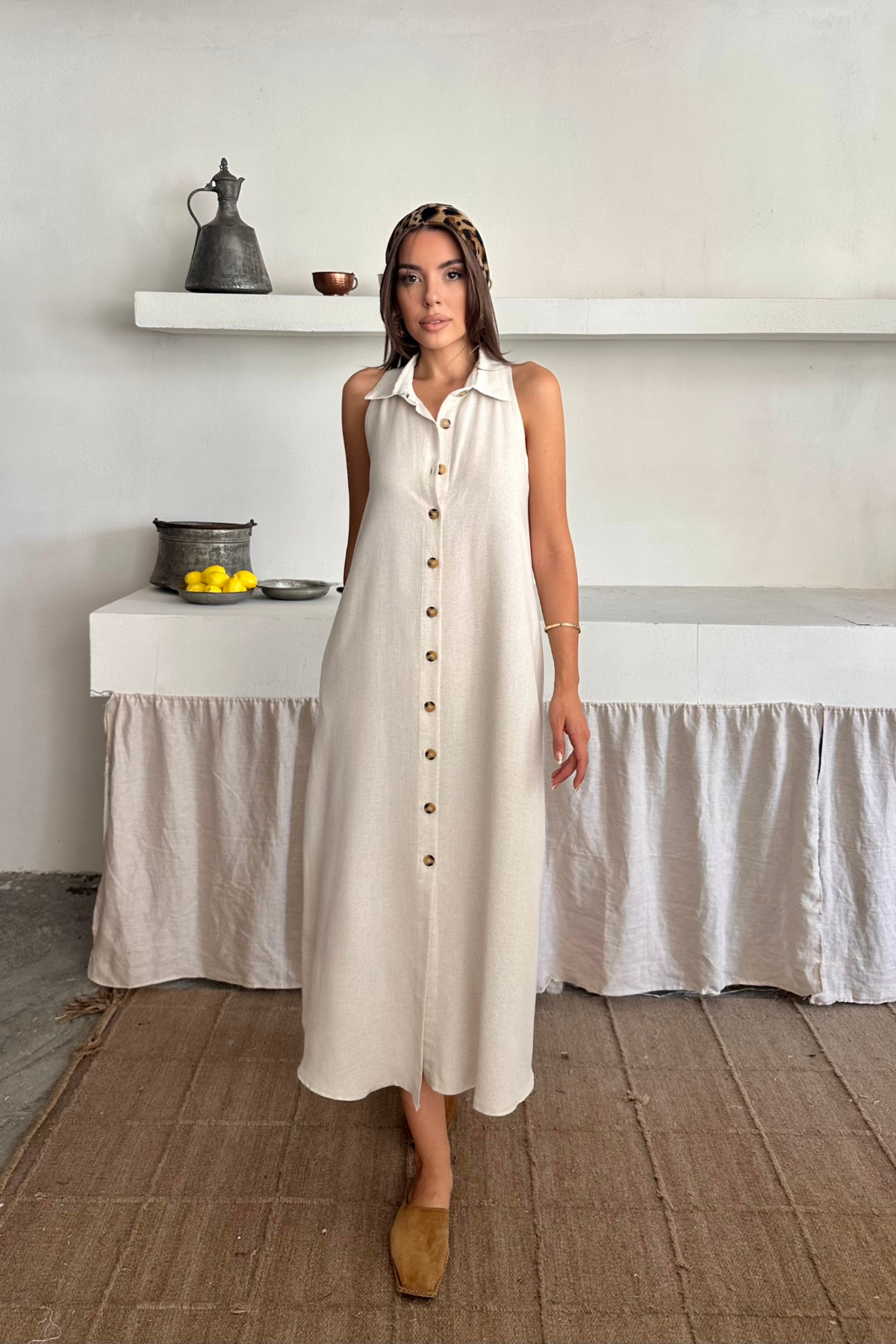 Beige Sleeveless Polo Neck Shirt Dress Midi - Brand: Ello - Women & Kids, Baby Clothes Wholesale - TheBS Women