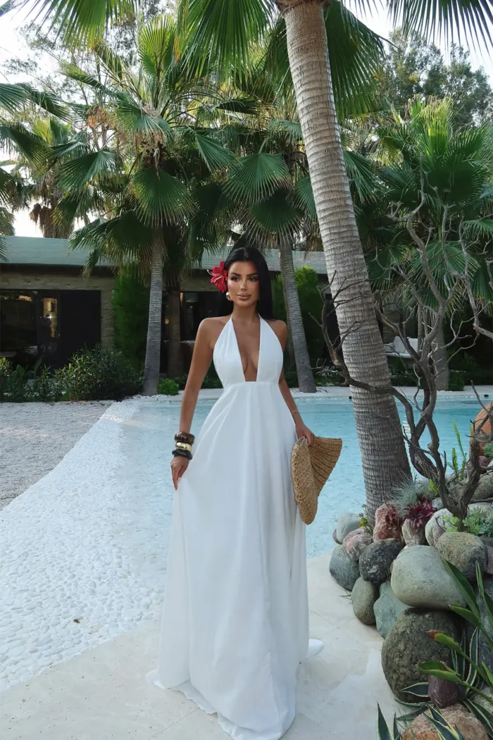 White Wrap Dress With Cowl Neck Sleeveless Floor Length - Producer: EYYO ATELIER - Wholesale Women Clothes - TheBS Women
