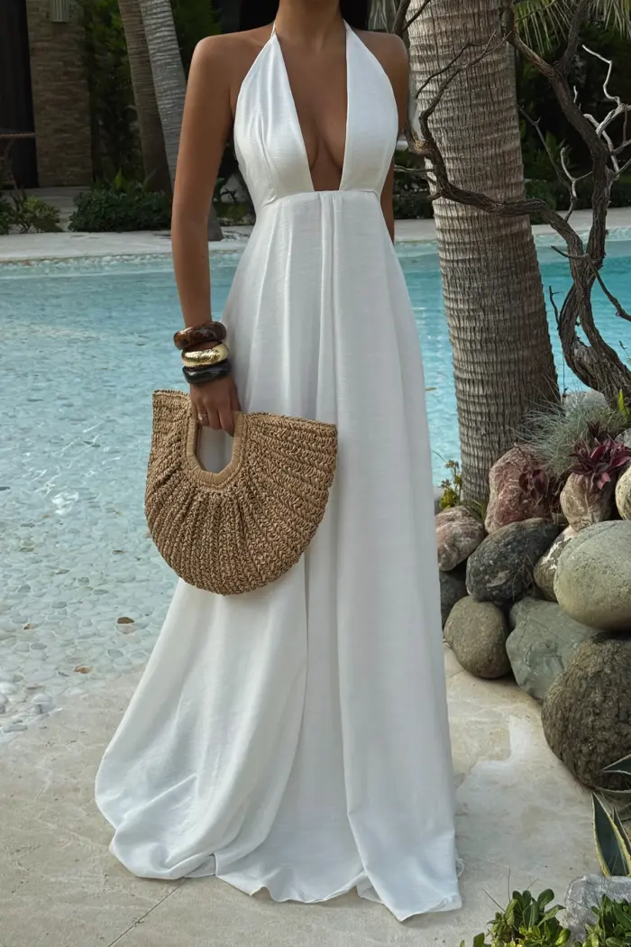 White Wrap Dress With Cowl Neck Sleeveless Floor Length - Producer: EYYO ATELIER - Wholesale Women Clothes - TheBS Women